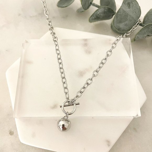 925 Sterling Silver Chunky Toggle Ball Necklace Minimalist Ball Pendant Necklace - Picture 3 of 4